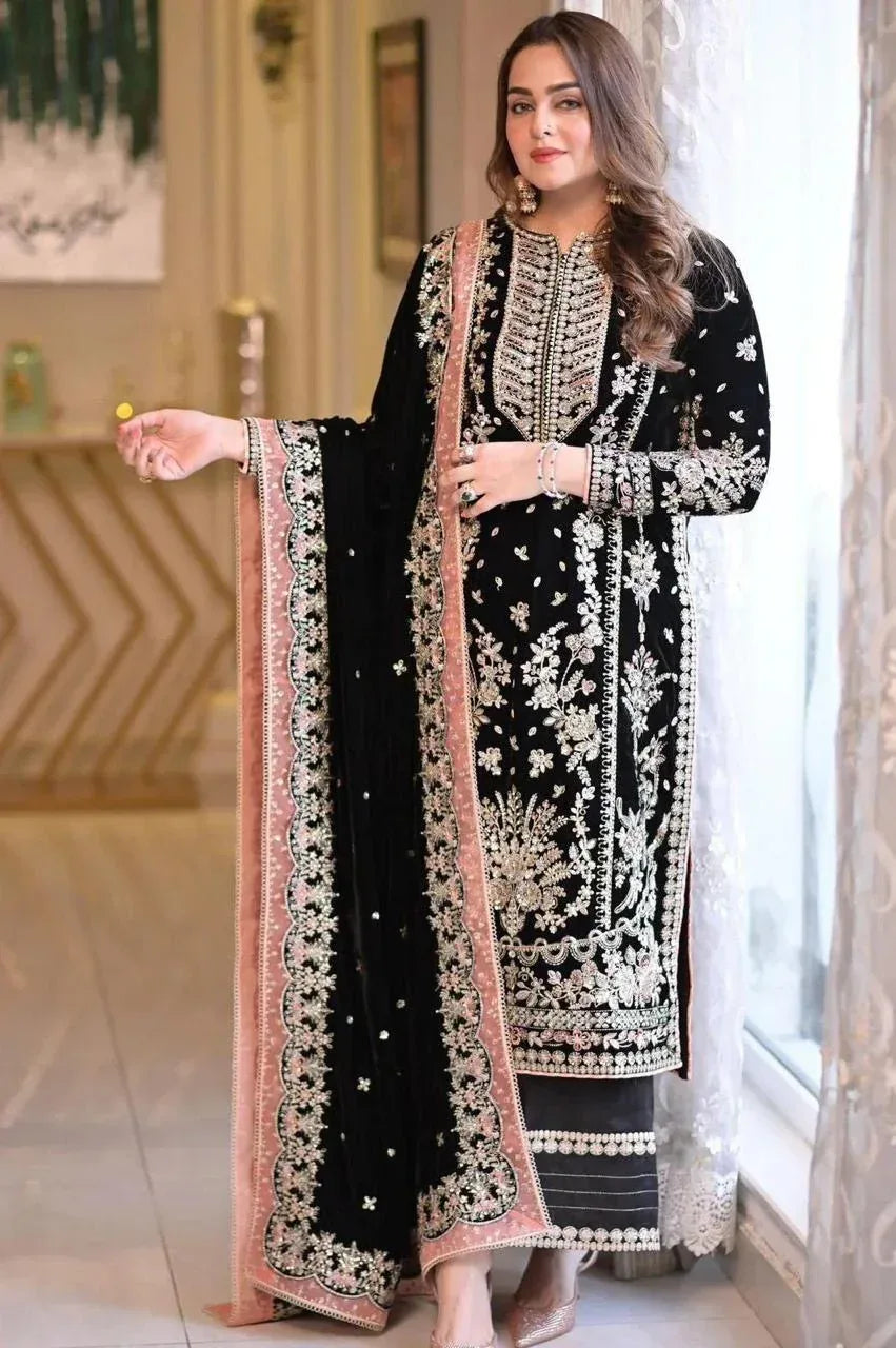 ANEELA’S VELVET UNSTITCHED EMB 3PC