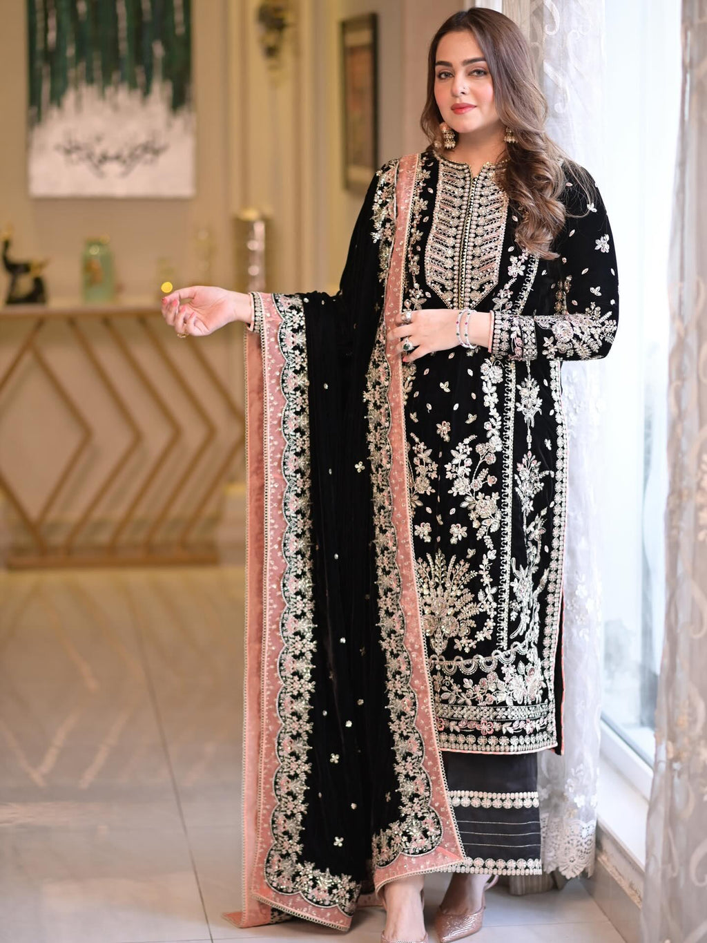 ANEELA’S VELVET UNSTITCHED EMB 3PC