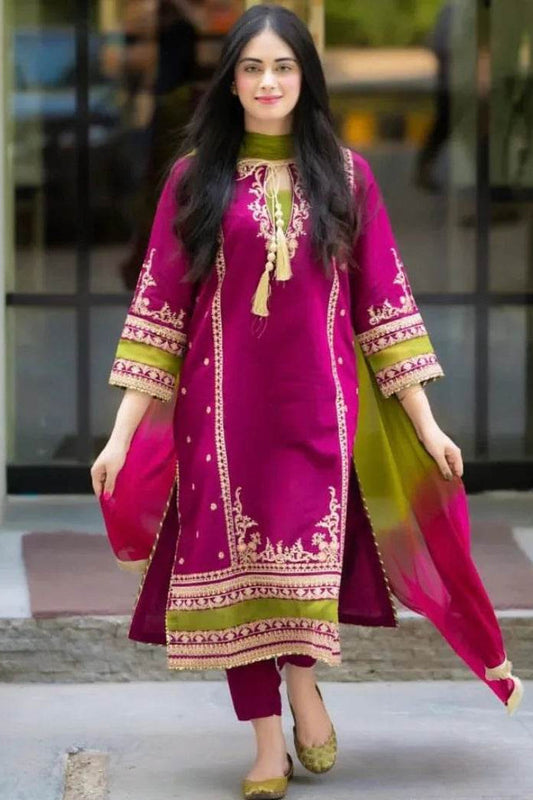 OMAL | LINEN UNSTITCHED EMB 3PC | CHIFFON TYE & DYE DUPPATA